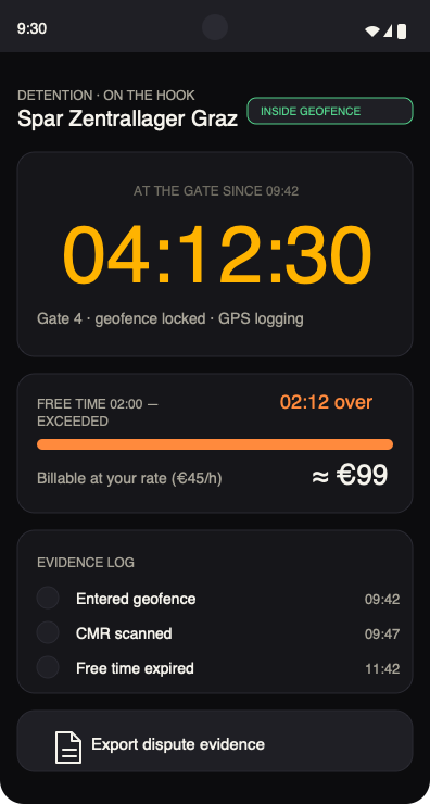 TruckHook detention timer screen showing wait evidence