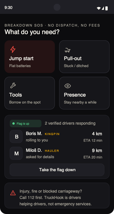 TruckHook SOS screen showing nearby help